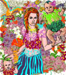 mother and kids in flower bed