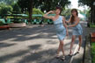 Lien and Nu in front of kid train
