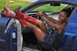 girl in blue car